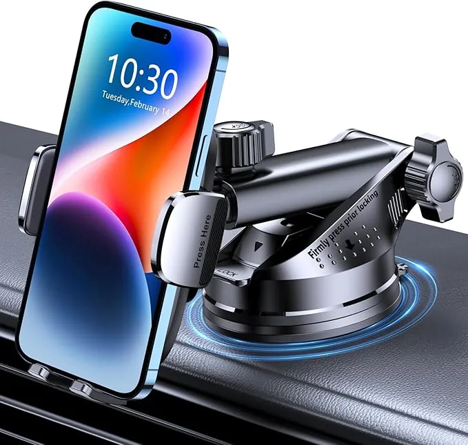 Mohard Soporte Movil Coche, [Nunca Caigas] Suporte Telemovel Carro Giratorio de 360°, Liberación con un Botón, Soporte Móvil Coche Salpicadero/Parabrisas Compatible con iPhone, Samsung y 4-7" Phones