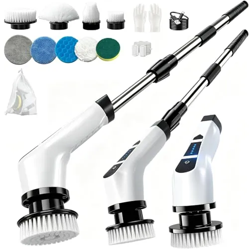 Cepillo Electrico Limpieza Hogar,Cepillo Limpieza Electrico con 9 Cabezales Reemplazables,Dos Velocidades Regulables,Mango Telescópico, Baño,Cocina y Automóvil