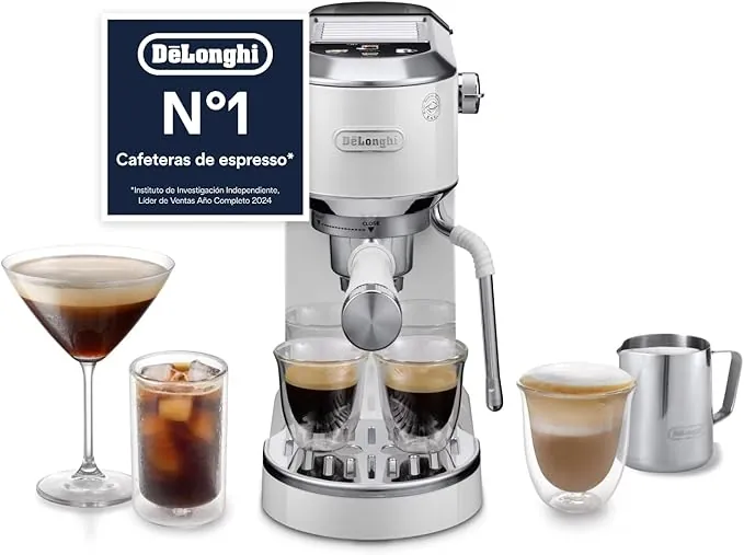 De’Longhi Dedica Duo – Perfetto Cafetera Espresso Manual Compacta con Espumador de Leche Manual, para Espresso, Cappuccino y Cold Brew, Iconos Táctiles en Color, Ancho 15 cm, Blanco (EC890.WI)