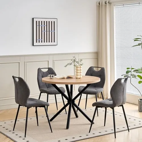 DEYARNA HOME Juego de Comedor Mesa y Sillas – Mesa de Comedor Redonda de 100 cm con 4 Sillas de Comedor (Tapizado en Tela de Lino con Asas) – Ideal para Cocina, Comedor (Madera Clara+Gris Oscuro)