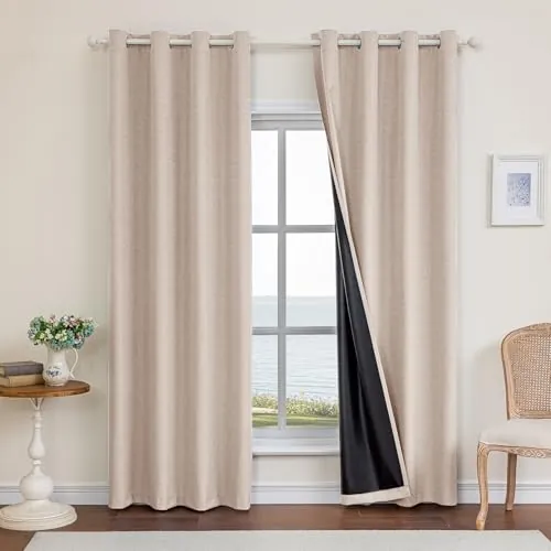 Ystyle 100% Cortinas Opacas 2 Piezas, 140x245cm, Lino Cortinas Dormitorio con Ojales Anti Luz Cortina Termica Aislantes Frio y Calor para Salon, Marrón Claro