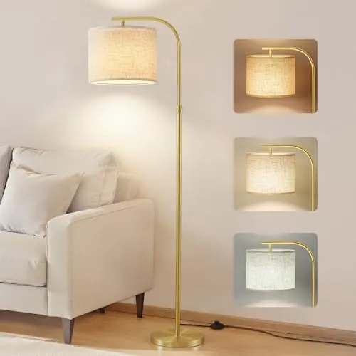 VASAGLE Lámpara de Pie de Arco, Lámpara de Lectura Regulable en Altura, 150-175 cm de Altura, Moderna, con Interruptor de Pedal, Pantalla de Tela, Casquillo E27, Dorado Claro LFL006AB02