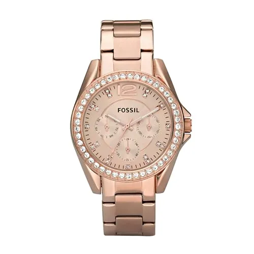 Fossil Riley Reloj para mujer, movimiento cronógrafo con correa de acero o piel, Tono oro rosa y purpurina, 38MM
