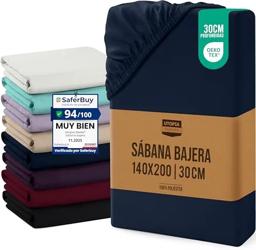 Utopia Bedding Sabana Bajera 140x200x30 cm - Azul Marino - (Cama 140) | Bolsillo Profundo - Certificado Oeko Tex - Microfibra de Poliéster Cepillado