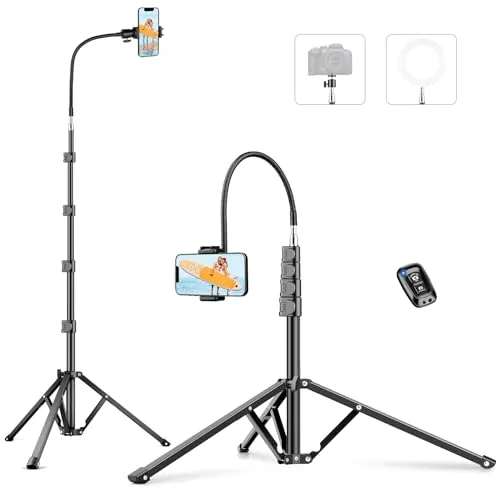 Victiv 224cm Tripode para Movil, Tripode Movil Alto con 35cm Cuello de Cisne& Mando a Distancia y Soporte para Teléfono Móvil, Aluminio Tripode Camara, Trípode para iPhone17/16/15/14/13/12/11 Pro MAX