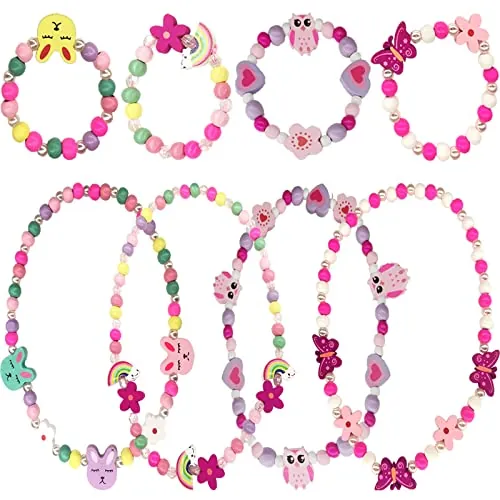 RUIJIR 4 Juego de Joyas Niños Contiene Collar Pulsera Niña Colorida Colgante de Madera Collar Pulsera Set Princesa Beads Regalo para la Fiesta de Cumpleaños Pretender