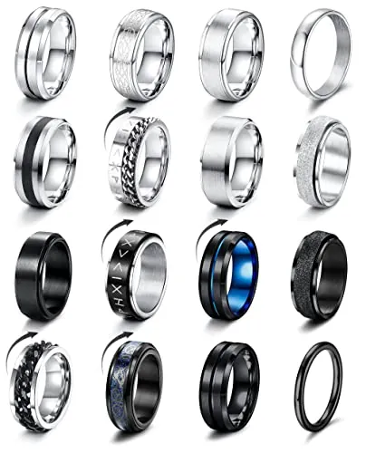 LOLIAS 16 Piezas Anillos Hombre Plata Negro Acero Inoxidable Acabado Mate Anillo Cadena Banda Pulido Abrebotellas Anillos Alianzas Boda Anillo Compromiso Vintage Fidget Anillo para Hombre Mujere