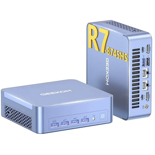 GEEKOM A8 Mini PC con AMD Ryzen 7 8745HS, 1TB SSD + 16GB DDR5 | Mini Ordenador de Sobremesa con AMD Radeon 780M, Puerto LAN 2,5 Gbps, 4 Pantallas 8K, 2x USB4 para Gaming/Creatividad/Oficina