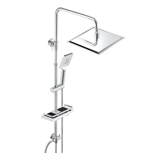 JOHO Columna de Ducha en Acero INOX sin Grifo Termostático, Conjunto ducha con Barra Ducha Altura Adjustable, Cabezal Ducha Lluvia 20x20 cm y Estante, Cromo
