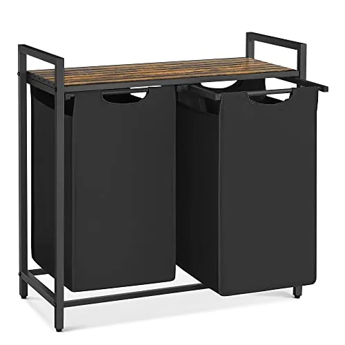 VASAGLE Cesto para Ropa Sucia, Cesta Colada, 2 Bolsas de Tela Oxford Extraíble y Desmontable, Estante, Marco Metálico, 2 x 46 L, 73 x 33 x 72 cm, Negro Tinta y Marrón Rústico BLH201B01