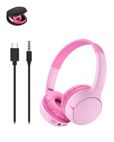 Belkin SoundForm Mini 2 Auriculares Inalámbricos Bluetooth para Niños, Cascos Inalámbricos de Diadema con Funda, 55 h de Autonomía, Límite de Volumen a 85 dB, Micrófono, iPhone, iPad, Galaxy, Rosa