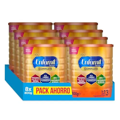 Enfamil Pack Ahorro, Enfamil Premium Complete 3, Preparado Lácteo Infantil de Crecimiento Para Lactantes Niños de 1 a 3 años, 8x800 gr