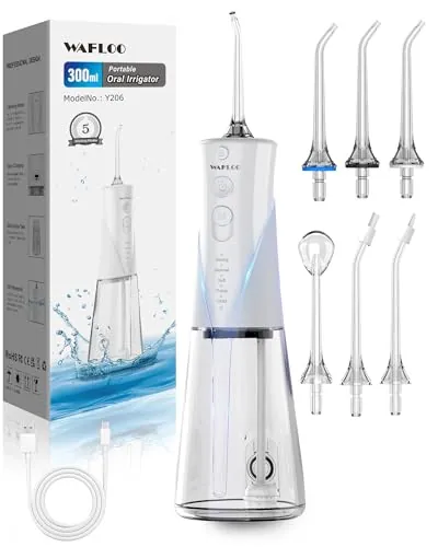 WAFLOO Irrigador Dental Portátil para Casa y Viaje, Diseño Inalámbrico | 6 boquillas, depósito de 300 ml, 5 modos de limpieza y protección IPX7 para un cuidado dental diario completo y cómodo
