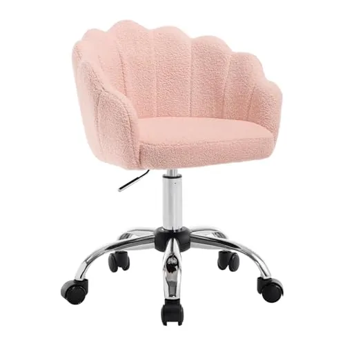 WOLTU Silla de Tocador Cachemira con Respaldo de Petalos, Silla Giratoria con Ruedas, Ergonómica para Maquillaje, Patas de Metal, Rosa