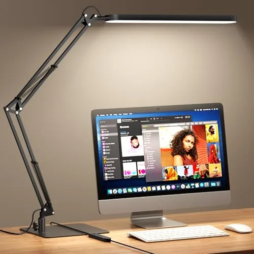 SKYLEO Lampara de Escritorio - Brazo Oscilante Ajustable Flexo LED Escritorio ，Base Ultrafina, Regulable,Temporizador, Funcion Ee Memoria, 1300LM, 12W, Negro