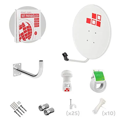 Diesl.com - Kit Antena parabolica 60cm + LNB Single 4k + Soporte + 20 Metros de Cable + Tacos a Pared + Conectores + 10x Bridas