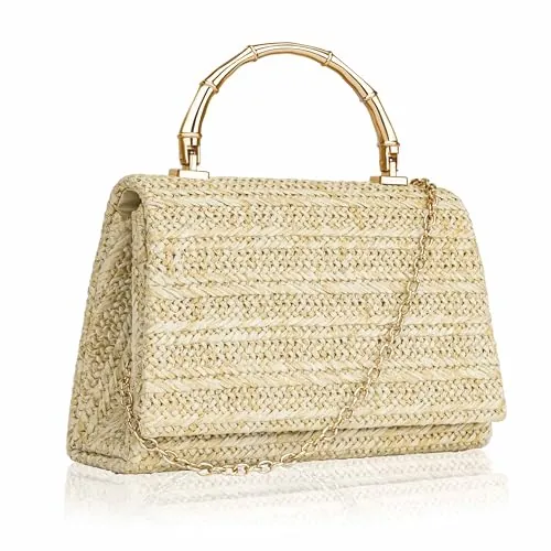 Larcenciel Bolso Mujer Paja, Bolsos Mujer Verano Playa con Cadena, Elegante Bolso Fiesta con asa de bambú, Boho Rafia Clutch, Casuale Bandolera Cartera de Mano para Verano Bodas Vacaciones, 18x12x6CM