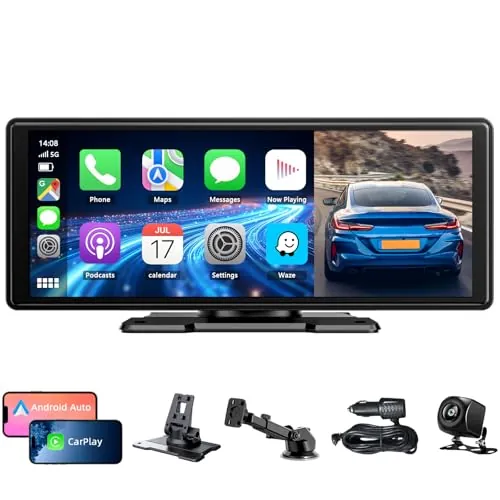 CGSGDK 10.26'' Pulgadas Pantalla Carplay Coche, Pantalla de Coche con CarPlay y Android Auto Inalámbricos, Cámara Trasera HD 1080P, Bluetooth, Mirror Link, Navegación GPS, FM, AUX