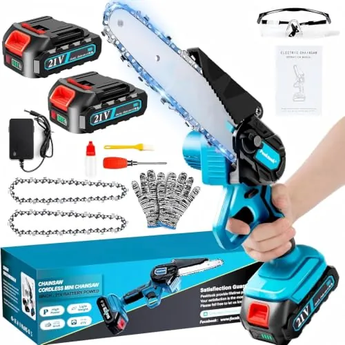 Mini Motosierra Bateria 6 Pulgadas, 1000W Motor Sin Escobillas Motosierra Eléctrica con 4000mAh Baterías y 2 Cadenas, Motosierra de Mano Portátil Inalámbrica para Podar Árboles de Jardinería y Madera