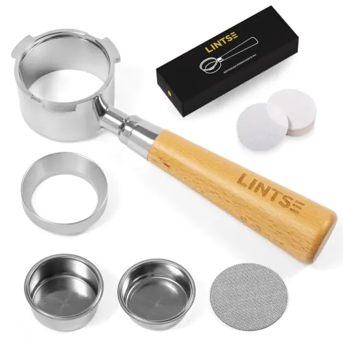 LINTSE Portafiltro Sin Fondo 51mm para Espresso, 3 Orejas de 5,5mm, Compatible con Portafiltro DeLonghi Dedica EC680/EC685/EC885, Acero Inoxidable SS304, Haya