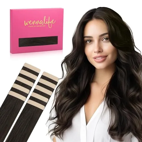WENNALIFE Extensiones Adhesivas Pelo Natural, Castaño Oscuro 60cm 30g 10 Piezas Extensiones de Remy Pelo Natural Cabello Humano Mechas Pelo Lacio Invisible para Niñas Mujeres Trenzas