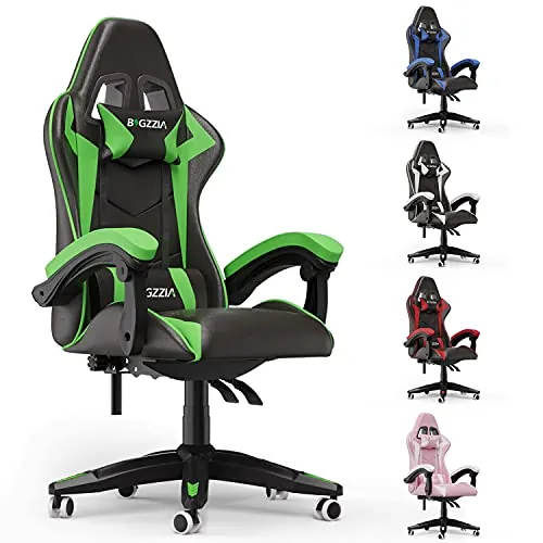 bigzzia Silla Gaming,Silla Ergonómica de Oficina en Cuero PU,Regulable en Altura con Soporte Lumbar y Reposacabezas,Respaldo Reclinable 155°,Silla Gamer Adulto Niño(Verde)