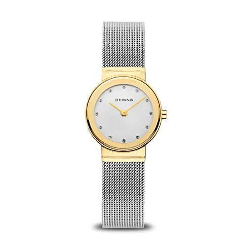 BERING 10126-001 Reloj de cuarzo para mujer con caja de acero inoxidable de 26 mm con acabado dorado y esfera plateada, correa milanesa, cristal de zafiro y resistencia al agua de 5 ATM