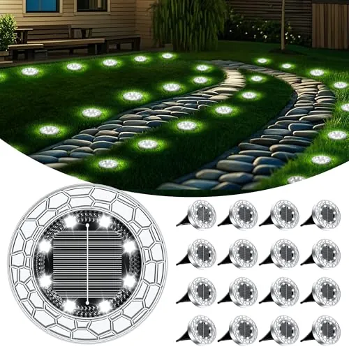 FIFlying 16 Piezas Luces Solares LED Exterior Jardín, 8 LED Luces Solares LED Exterior Jardín Suelo, Acero Inoxidable, Luces Solares LED Jardín para Césped, Camino, Acera, Patio, Blanco Frío