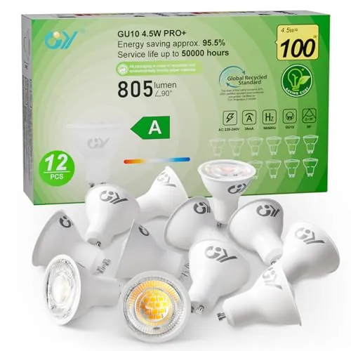 GY GU10 LED spot 4.5W bombilla led gu10, Luz neutra 4000K 805 Lumen, 4.5W equivalentes a 100W, ángulo de haz 36°, bombilla bajo consumo,No Regulable,12 piezas
