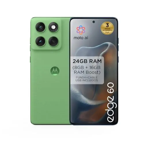 Motorola Edge 60 24GB (8GB+16GB RAM Boost)/512GB Shamrock, Pantalla Super HD de 6,67”con Cuatro Bordes curvos, Cámara Sony LYTIA™ 700C de 50MP, Moto ai, Durabilidad Militar, Batería 5200 mAh