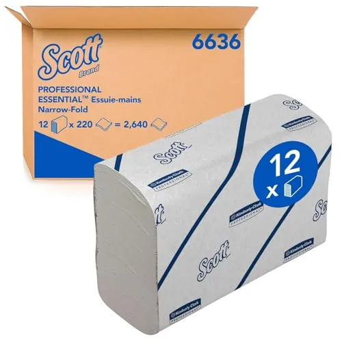 Scott Essential Toallas de Mano 6636, Toallas de Mano Intercaladas, Tecnología Absorbente, 12 Paquetes x 220 toallas (2.640 total)
