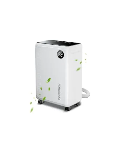 Deshumidificador 12L/Día, Homtronics Dehumidifier Eléctrico de Gran Tamaño | Temporizador, Pantalla LED, Apagado Automático, Modo Silencioso, Bajo Consumo Con Tubo de Desagüe, para, Baños, Dormitorios