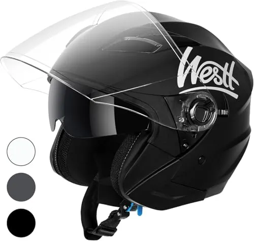 Westt Jet Casco Moto Certificado ECE 22.06 Hombre Mujer Casco de Moto con Doble Visera capacete Casco Jet Scooter Trail, Negro Mate, XL (61 cm)