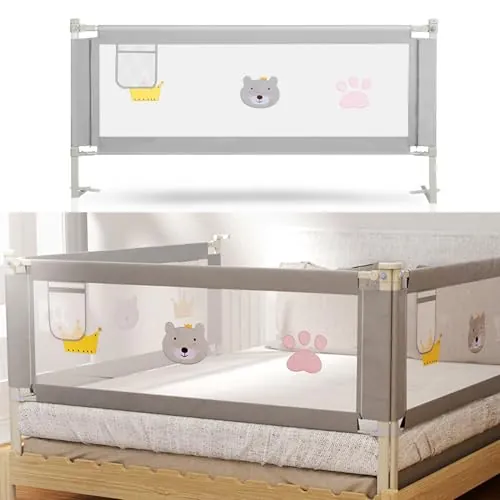 Fiqops Barrera de cama ajustable 180 cm, protección contra caídas 70-98 cm, barandilla de cama para niños y camas de matrimonio, estable, gris