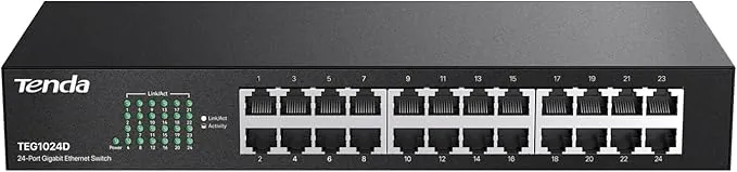 Tenda TEG1024D Gigabit Ethernet Switch, 24 Puerto RJ45, 48 Gbit/s,10/100/1000 Mbps, Auto MDI/MDIX, Montaje en Escritorio/Rack, Protección Profesional contra Rayos, No Administrado, Plug & Play, Metal