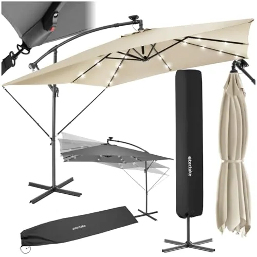 tectake® Sombrilla Terraza Exterior con Iluminación Solar LED, Sombrilla Playa con Manivela Manual e Inclinación Ajustable, Parasol Jardín, Parasol Terraza, 250x250cm, con Funda Protectora - beige