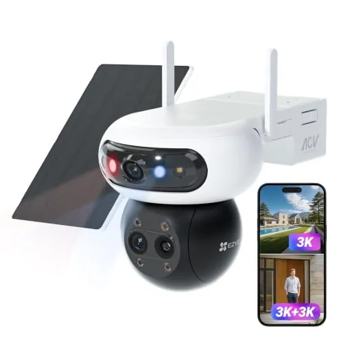EZVIZ Cámara 15MP(5+5+5 MP) Vigilancia WiFi Exterior Solar,Bateria,Zoom Mixto 12x,Triple Lente 3K,sin Cables,360°,AOV,Detección IA de Persona,CB90F Kit