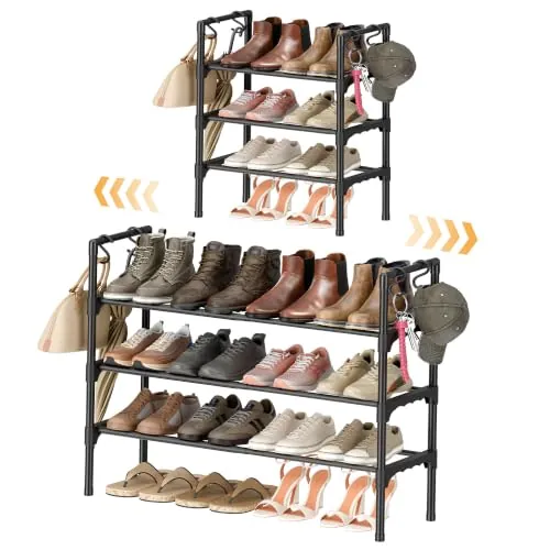 ENJOYBASICS Zapatero Extensible Metálico de 3 Niveles, 44-80 cm, Negro | Zapatero apilable, fácil de instalar, ideal para recibidor, pasillo o armario, ahorro de espacio, para 6‑12 pares de zapatos