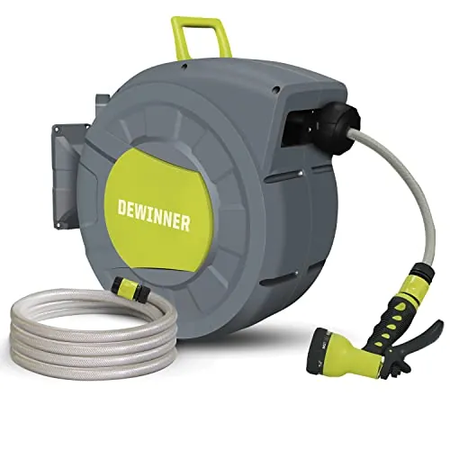 Carrete de Manguera de Jardín, DEWINNER Carrete Automático de Montaje en Pared con Boquilla de Pulverización, Soporte de Rebobinado Automático, Servicio Pesado, Manguera de 20+2M Riego Al Aire Libre