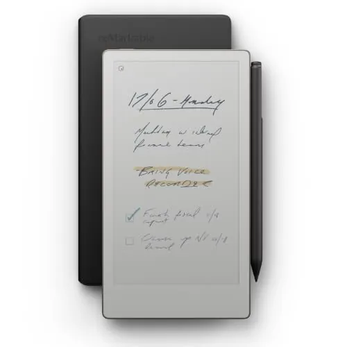 reMarkable Paper Pro Move - Paquete Funda de Cuero | Tableta Similar al Papel de 7,3", a Color, ultraportátil con lápiz Marker Plus con Borrador y Cubierta Book Folio de Cuero Negro