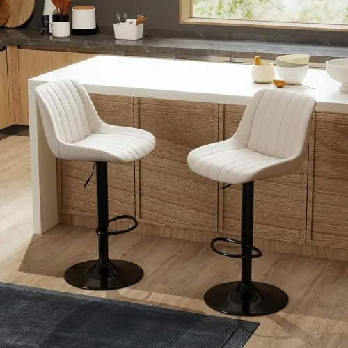 Youhauchair Taburetes Altos de Cocina Juego de 2, Taburete de Bar Giratorios de Altura con Respaldo, Taburete Alto Ajustable de Cuero PU, Taburete Cocina Moderna, Beige