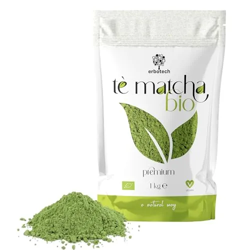 ERBOTECH Te Matcha BIO/Polvo de Té Verde Japonés Orgánico 1 Kg, Multivitamínico 100% Natural, Vegan. Ideal para Pasteles, Batidos, Thé Helado