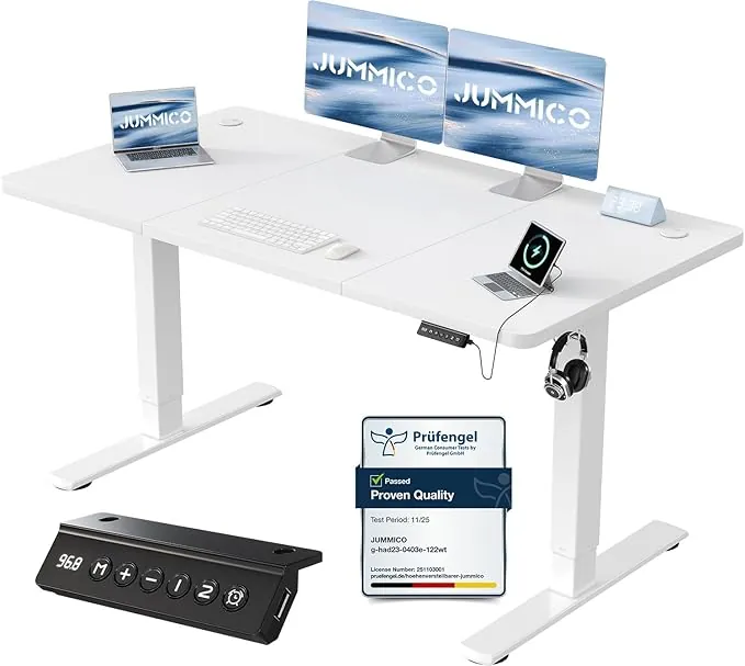 JUMMICO Escritorio Elevable Eléctrico con Cargador USB, Escritorio Regulable en Altura Ergonomica Escritorio de pie Ajustable Smart Panel con Funciones de Memoria, Standing Desk 140 x 60 cm, Blanco