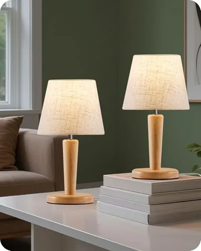 GOEBLESON Juego de 2 Lámparas de Mesita de Noche de Madera, Beige