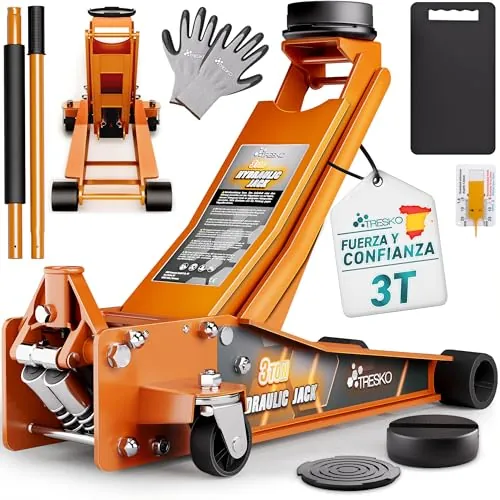 TRESKO® gato hidráulico 3T altura de elevación 75-510mm | Hidráulico para vehículos de maniobra con doble pistón y ruedas de 360° | Elevador incluye 2X revestimiento de goma, alfombrilla protectora