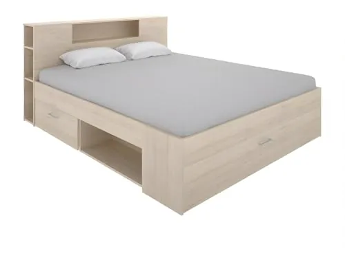 DEKIT GRUPO RIMOBEL LANKA - Cama de matrimonio con almacenaje en cabecero y bajo cama - Natural - 95x149x218 cm