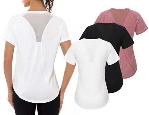 Gyabnw Pack de 3 Camiseta Deportiva Mujer con Malla Secado Rápido