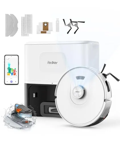 Redkey D8 Robot Aspirador y Fregasuelos, 25000Pa Aspirador Robot con Base, 4L Auto-Vaciado, Anti-Enredo de Cabello, Navegación LiDAR, Ideal para Alfombras y Pelos de Mascotas, Voz y aplicación