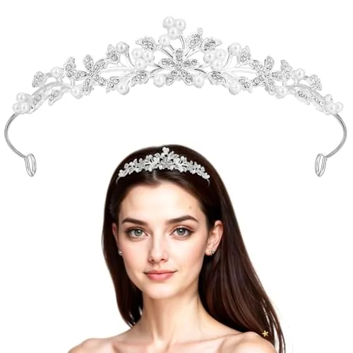 HJZHII Tiara con flores y diamantes de imitación, corona con perlas de cristal, tiara de novia, diadema para reina, princesa, para mujeres y niñas, para bodas, bailes, cumpleaños, cosplay, fiestas