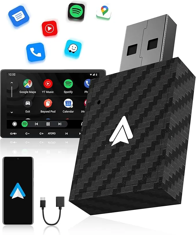 Adaptador Android Auto Inalámbrico, Bluetooth V5.3 Conexión Estable, 5.8GHz WiFi de Alta Velocidad, USB A/C, para Smartphone Android 11+, Convierte Conexión con Cable en Inalámbrica